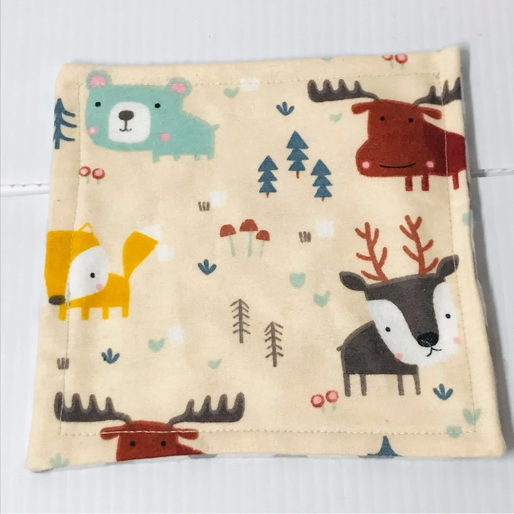 Reusable Set of Four 6” Woodland Animals Flannel Wash Cloths / Wipes / Nursery